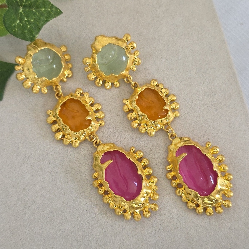 Gold Dangle Drop Earrings with Ornate, Beaded Molten Texture Fames